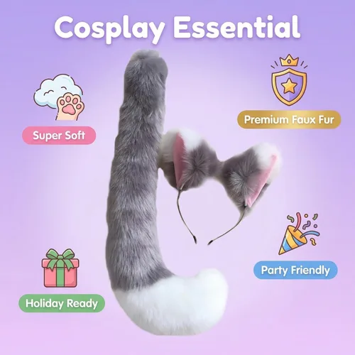 Vista 6 de Haiyuhang SZHYH - Juego de 2 diademas de pelo sintético de felpa con orejas de zorro y cola para Navidad, Halloween, fiesta, cosplay, gris y blanco