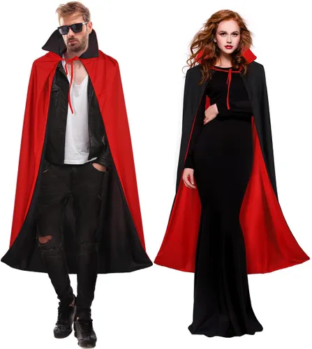 Vista 3 de IMIKEYA Capa de vampiro negra y roja de 55 pulgadas, capa de poliéster de doble capa con cuello alto para adultos cosplay y decoración de fiestas