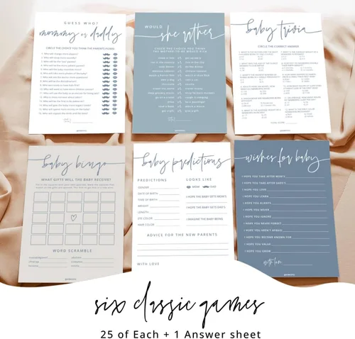 Vista 4 de GardenCity Juegos de baby shower para niños, juego de 6 juegos de baby shower para 25 invitados, tarjetas gruesas de doble cara, género neutro, azul