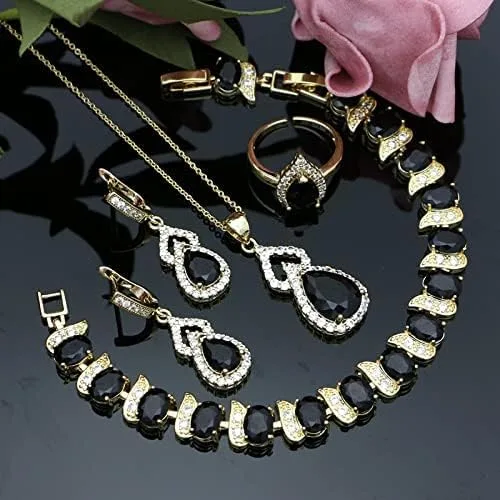 Vista 6 de LMXXVJ Juego de joyas para mujer, collar chapado en platino, anillo abierto, aretes, brazalete, para cumpleaños, aniversario, Día de la Madre