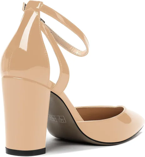Vista 5 de MODENCOCO Zapatos de tacón alto de charol D'Orsay con correa de tobillo recortada para mujer, 3.5 pulgadas