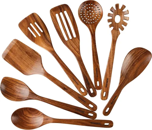 Vista 10 de Juego de cucharas de madera, 3 tamaños de cuchara de sopa grande de teca, cucharas de madera para cocinar, cuchara de servir, cucharas de madera