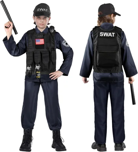Vista 5 de Luucio SWAT - Disfraz de oficial de policía para niños, disfraz de policía para niños, fiesta de Halloween, kit de juego de rol para niños y niñas