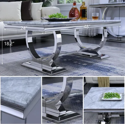 Vista 8 de Asday Mesa de centro plateada, mesa rectangular gris para sala de estar con base en U de metal espejo plateado, mesa de centro para sala de estar