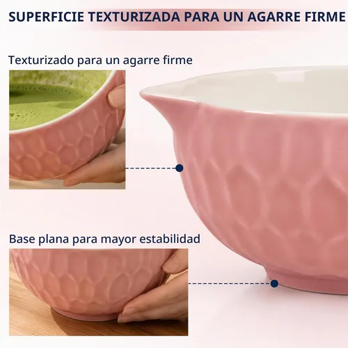 Vista 5 de Cuenco de Matcha con canalón, Chawan de cerámica de estilo japonés para Rosa