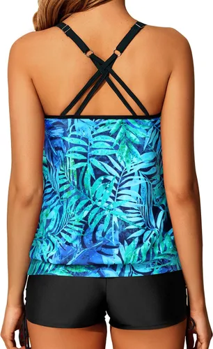 Vista 2 de Yonique Traje de baño tankini de dos piezas con tirantes delgados para mujer con pantalones cortos cruzados
