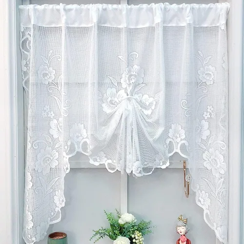 Vista 10 de ZZC Cortinas francesas cortas de encaje transparente, románticas, con lazo, media transparente, panel de cortina de encaje floral, cenefa negra