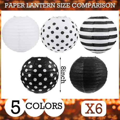 Vista 2 de Treela Paquete de 6 linternas de papel en blanco y negro de 8 pulgadas redondas con patrones de lunares a rayas para regreso a clases, aula, fiesta
