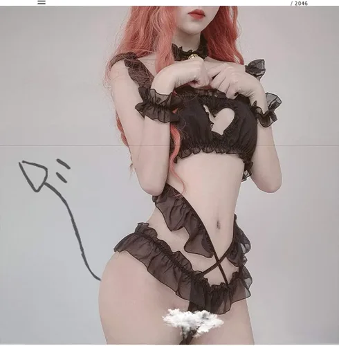 Vista 4 de JasmyGirls Conjunto de lencería sexy para mujer, talla grande, disfraz de bikini Kawaii Anime Cat Roleplay con corazón hueco Lolita