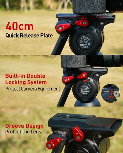 Vista 4 de IFOOTAGE Cabezal de cámara de video Komodo K5S, cabezales de fluido de aluminio, cabeza de trípode estable para giro e inclinación, con placa