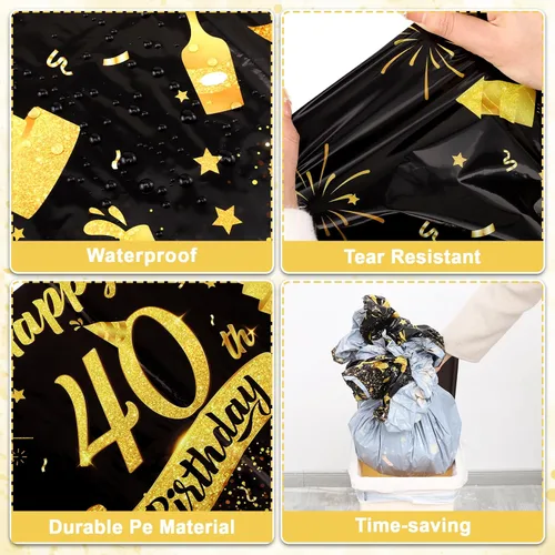 Vista 5 de Paquete de 3 manteles de plástico desechables para cumpleaños de 40 años, color negro y dorado Mantel rectangular impermeable para cumpleaños, 40
