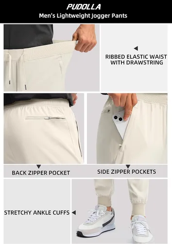 Vista 4 de Pudolla Pantalones deportivos para hombre con bolsillos con cremallera, pantalones deportivos ligeros para entrenamiento, gimnasio, correr, golf