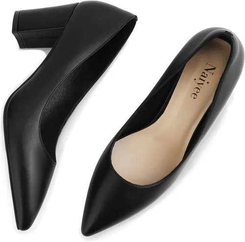 Vista 3 de Naiyee Zapatos de tacón grueso para mujer, con punta cerrada, tacón grueso, bloque de 3 pulgadas, tacones altos para mujer, sin cordones, oficina