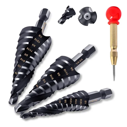 Vista 10 de Hakkin M35 Cobalt Unibit - Broca escalonada para metal de 1/4 a 3/4 pulgadas, con revestimiento de titanio, juego de tres brocas en espiral y punzón