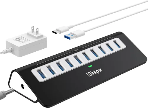 Vista 10 de intpw Hub USB con alimentación 10Gbps, Hub de datos de aluminio de 7 puertos USB 3.2 con 4 puertos USB 3.2 Gen 2, 3 puertos de carga rápida