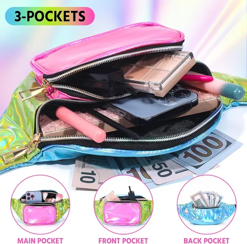 Vista 4 de Abbylike Cangurera holográfica retro de los años 80 y 90, 3 bolsillos, para cinturón, para mujeres, hombres, correr, viajar, vacaciones, festival