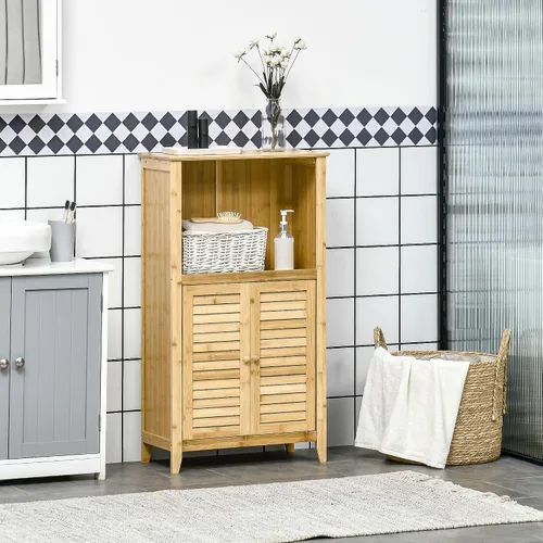 Vista 2 de HOMCOM Mueble de baño de bambú con estantes y puertas, natural