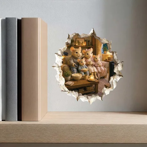 Vista 8 de Calcomanía de pared 3D con agujero para ratón, diseño de familia de ratones