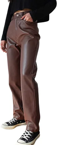 Vista 4 de Pantalones de piel sintética de cintura alta para mujer, pantalones de piel sintética con bolsillos, ropa de calle punk