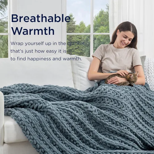 Vista 8 de Maetoow Manta con peso de punto suave hecha a mano, 10 libras, transpirable, de punto grueso, decoración del hogar para sofá, cama, 40 x 60 Azul Airy