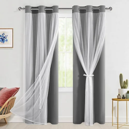Vista 37 de Hiasan Cortinas opacas con superposición transparente, aislamiento térmico para mezclar y combinar de doble capa, cortinas de oscurecimiento de Beige