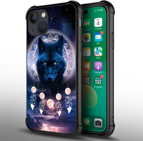 Vista 2 de CARLOCA Funda compatible con iPhone 14, funda Wolf Nebula Moon para iPhone 14, ultra protección, a prueba de golpes, de silicona suave, TPU Lobo