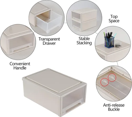 Vista 4 de Xyskin Paquete de 4 cajones apilables compactos de plástico de 12 cuartos de galón, caja apilable de almacenamiento de escritorio Stackable Unit