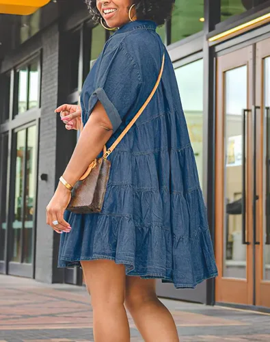 Vista 4 de Vestido de mezclilla para mujer, vestido de verano con botones y volantes