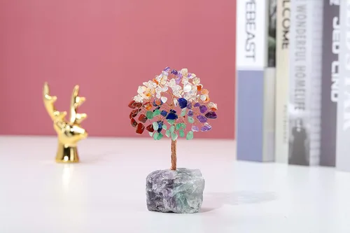 Vista 2 de Jovivi Árbol de cristal natural de 7 chakras, cristales curativos crudos, base de fluorita, árbol de dinero bonsái para el hogar, oficina