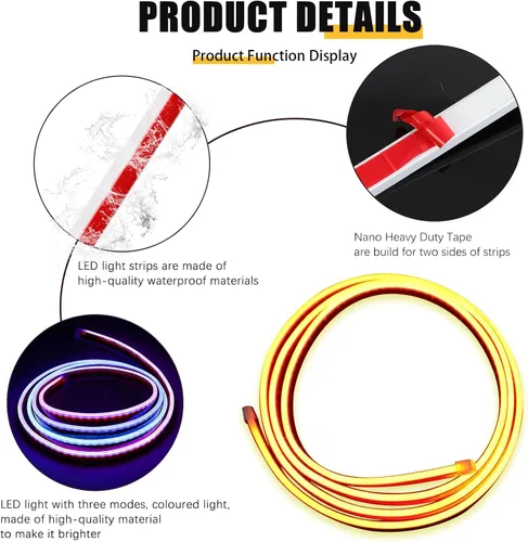 Vista 7 de DREAMOTOR Tira de luz para capó de automóvil de 60 pulgadas, luz LED dinámica para exterior blanca, flexible e impermeable, tira de luz diurna