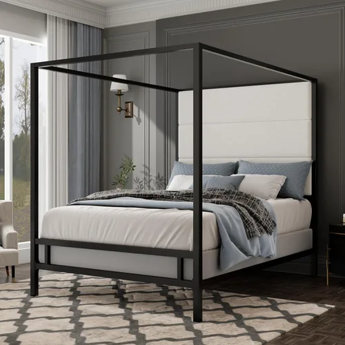 Vista 13 de Cama de Plataforma con Dosel de 4 Postes de Lujo Moderna Tamaño Queen con Cabecera Alta Tapizada en Terciopelo, Marco de Cama de Plataforma