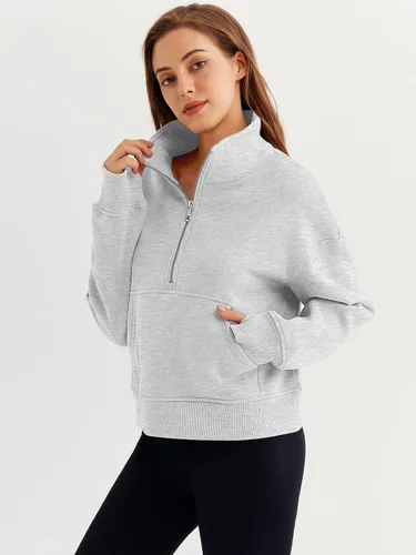 Vista 2 de Trendy Queen Sudaderas con media cremallera, sudaderas recortadas de gran tamaño para mujer de manga larga