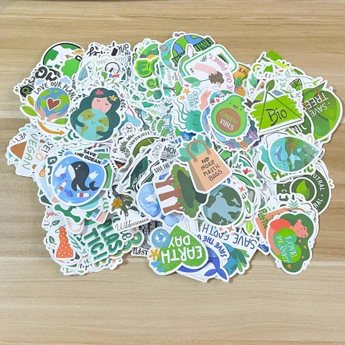 Vista 7 de GTOTd Calcomanías veganas verdes de la naturaleza del Día de la Tierra (300 unidades) Regalos de reciclaje de conservación del medio ambiente, Día