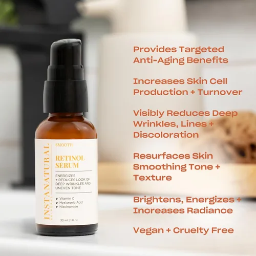 Vista 2 de InstaNatural Retinol Serum anti arruga, anti envejecimiento facial, ayuda a reducir la apariencia de arrugas, patas de gallo y líneas finas