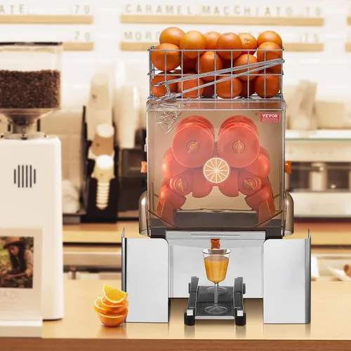 Vista 8 de VEVOR Exprimidor de naranja comercial, extractor de jugo automático de 120W, exprimidor de naranja de acero inoxidable para 20 naranjas por minuto