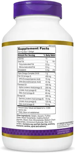 Vista 5 de 21st Century Triple Omega Complex 3 6 9 cápsulas blandas con revestimiento entérico, botella de 180 unidades (22875)