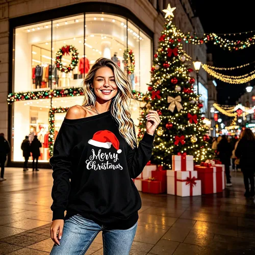 Vista 7 de Sudadera holgada de manga larga con hombros descubiertos para mujer de Halloween Gorro de Navidad negro