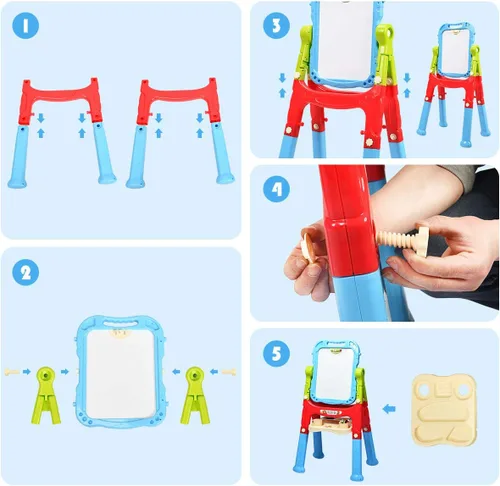 Vista 6 de Costzon Caballete de arte para niños, altura ajustable con rotación de 360°, tablero de dibujo de doble cara con pizarra y pizarra blanca, juego