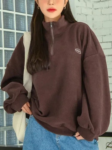 Vista 6 de Floerns Sudadera de manga larga con cordón en el dobladillo para mujer, de gran tamaño, media cremallera