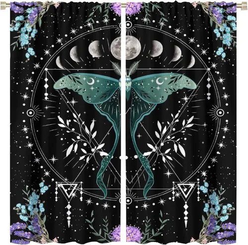 Vista 42 de Cortinas de mariposa de fantasía, polilla, sol, luna, estrella, arte floral, estampado floral, bolsillo para barra, cortinas opacas para ventana