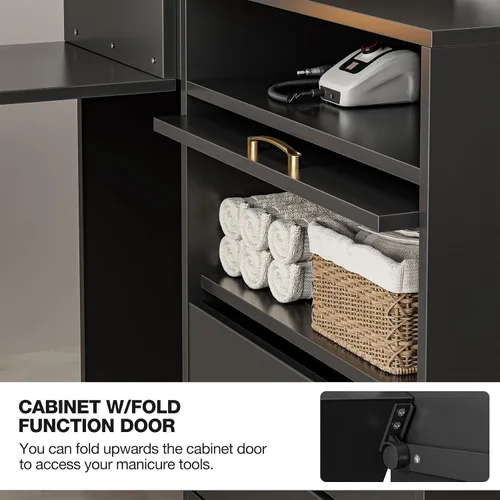 Vista 14 de Mesa de manicura en forma de L con estantes, estación de mesa de uñas con parte superior de cristal, resistente a acetona, con cajones de Negro