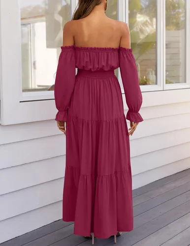 Vista 36 de ZESICA - Vestido largo, bohemio y sexy, con hombros descubiertos y manga larga fruncida, con elástico fruncido, cintura alta y abertura lateral
