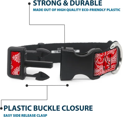 Vista 4 de Buckle-Down Collar de clip de plástico rojo y blanco Paisley de 9-15 pulgadas, pequeño Paisley Red White Durable Adjustable ID Tag Ring Side