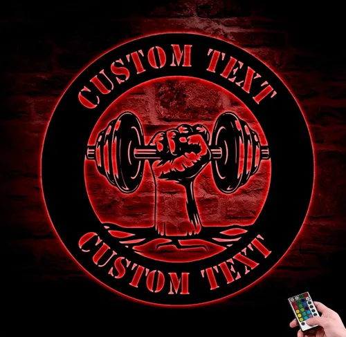 Vista 2 de Letrero de metal personalizado para gimnasio con luces LED, letrero de gimnasio en casa, letrero de club de fitness, letrero de levantamiento