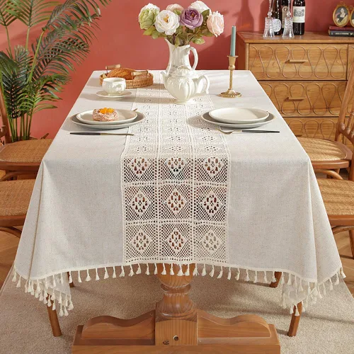 Vista 2 de AMZALI Mantel de lino de algodón, decoración de mesa de cocina y comedor, mantel de ganchillo texturizado para uso en exteriores e interiores, 55 x