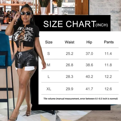 Vista 7 de Pantalones cortos sexys de piel sintética para mujer, cintura alta, bolsillos profundos, pantalones cortos ajustados con cordón para fiesta, club