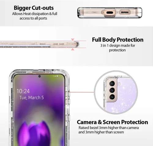Vista 3 de Funda protectora completa con purpurina para Galaxy S22 Plus - Híbrido resistente, a prueba de golpes, transparente, brillante