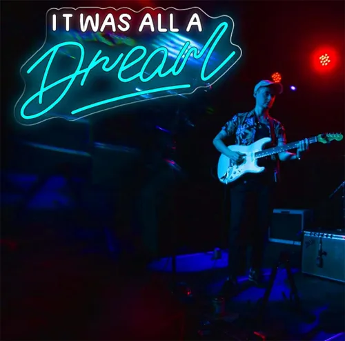 Vista 4 de Letrero de neón – Luz de neón LED con regulador de intensidad «It Was All A Dream» (blanco y azul, 16.5 pulgadas)