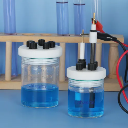 Vista 5 de Labasics Célula electrolítica, kit de celda electroquímica sellada con borosilicato de una sola cámara, electrolizador de reactor con tapa de PTFE