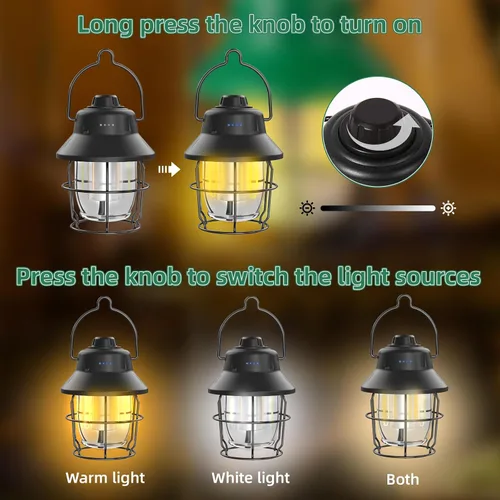 Vista 4 de Linterna LED recargable para campamento, mini linterna impermeable retro portátil, 1000 lm, 3 modos de luz (2700-6500 K) brillo de atenuación